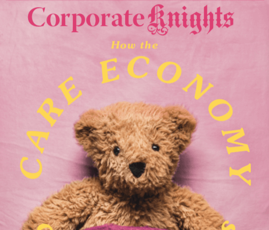 Teddy bear in bed on the cover of Corporate Knights magazine