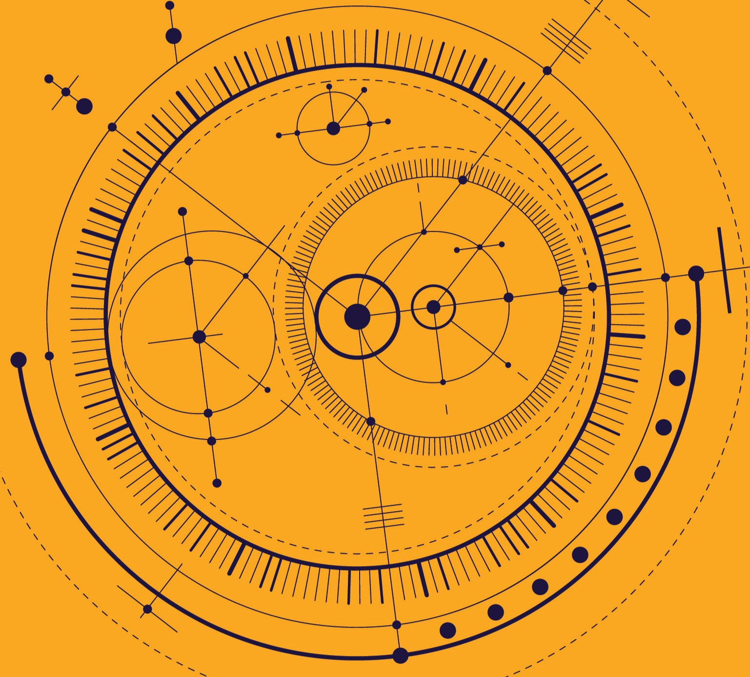 A futuristic digital interface with concentric circles, lines, and dots, resembling a high-tech radar or data visualization on an orange background.