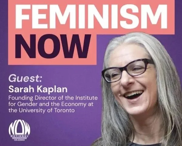 woman with gray hair, light skin, glasses with dark frames superimposed on NOW podcast logo