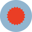 Red starburst shape on a light blue circular background.