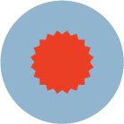 A red starburst shape centered on a light blue circle background.