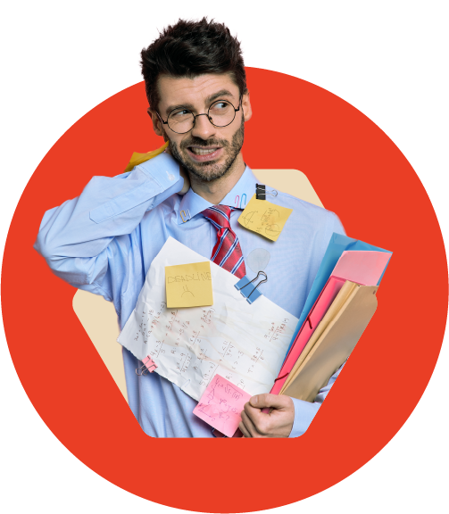 A stressed male office worker with glasses, holding a stack of files and surrounded by sticky notes, standing against a red background.