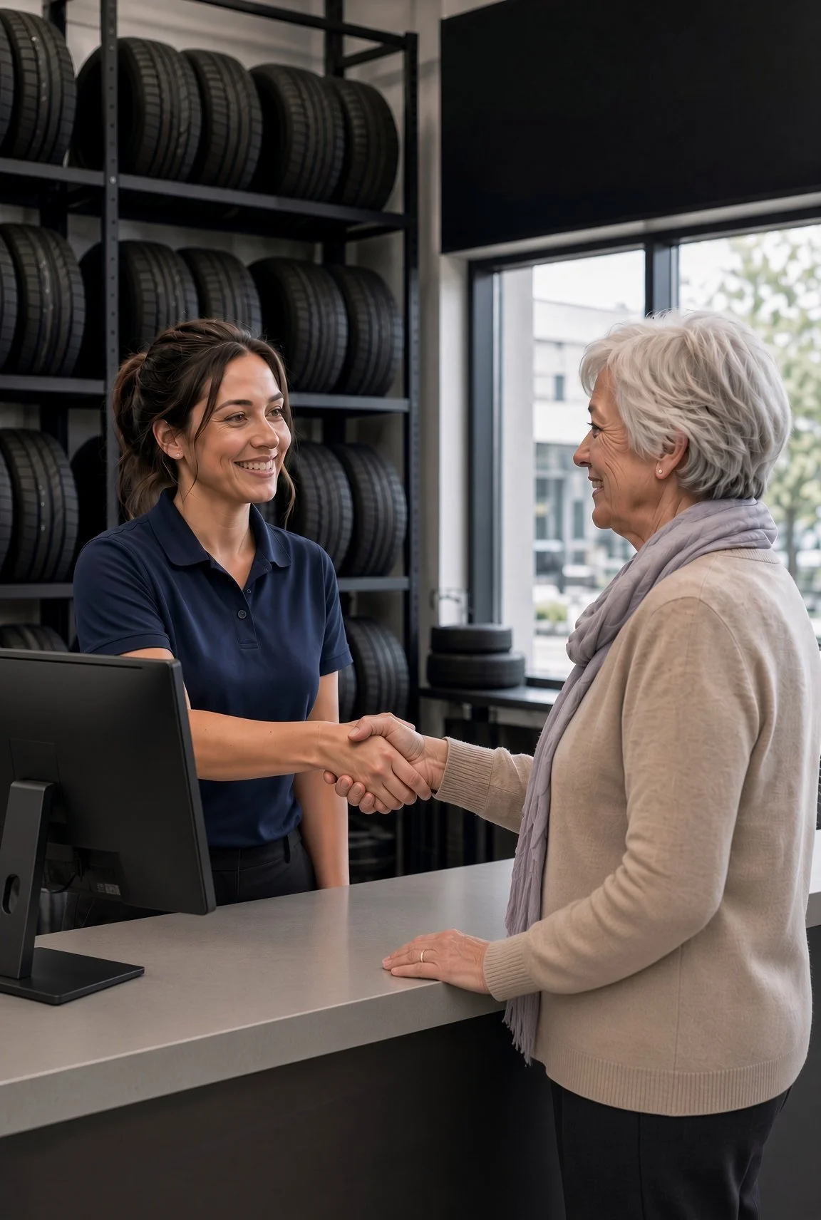 A young woman and an older woman shake hands at a reception desk inside an auto shop or tire store, with tires stored on racks and a window in the background.