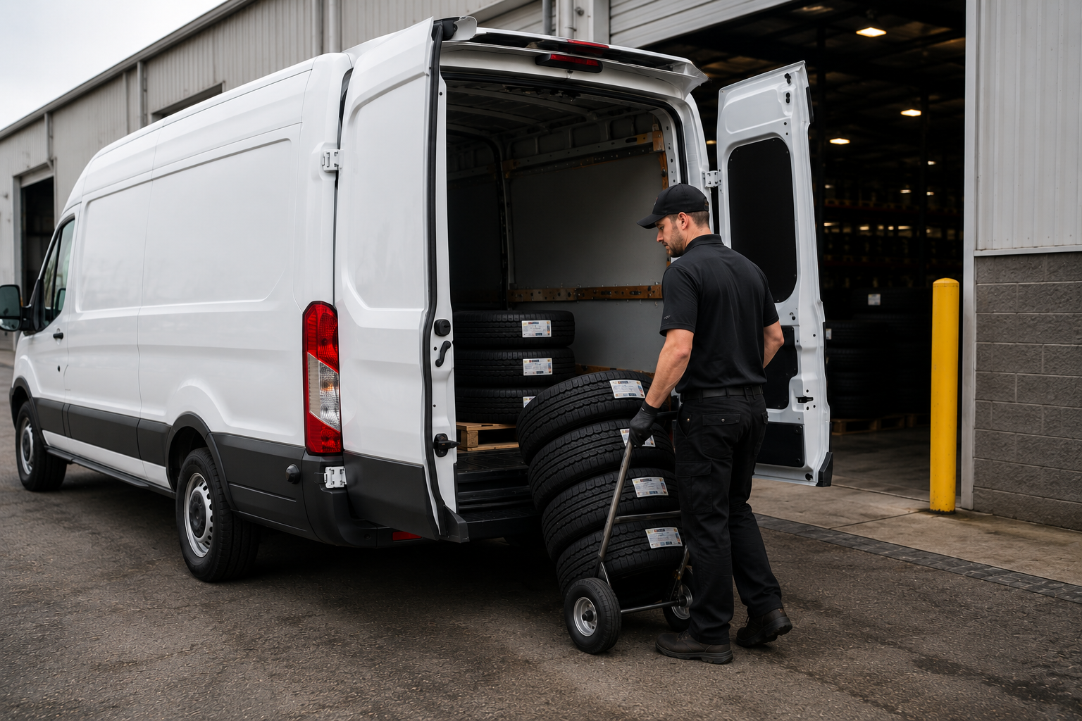 A worker loading new tires into a white delivery van outside a warehouse.