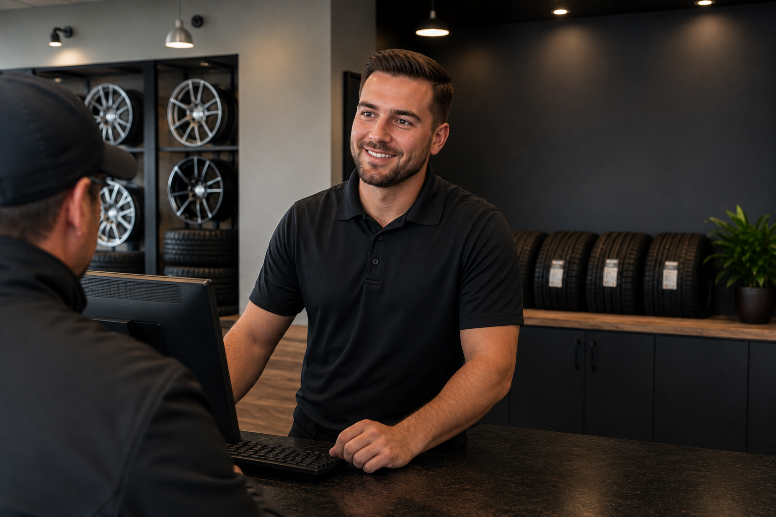 A smiling male employee assists a customer at a car dealership reception desk with tires and wheels in the background.