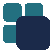 Abstract geometric shapes with four teal squares and one large navy square overlapping on a white background.
