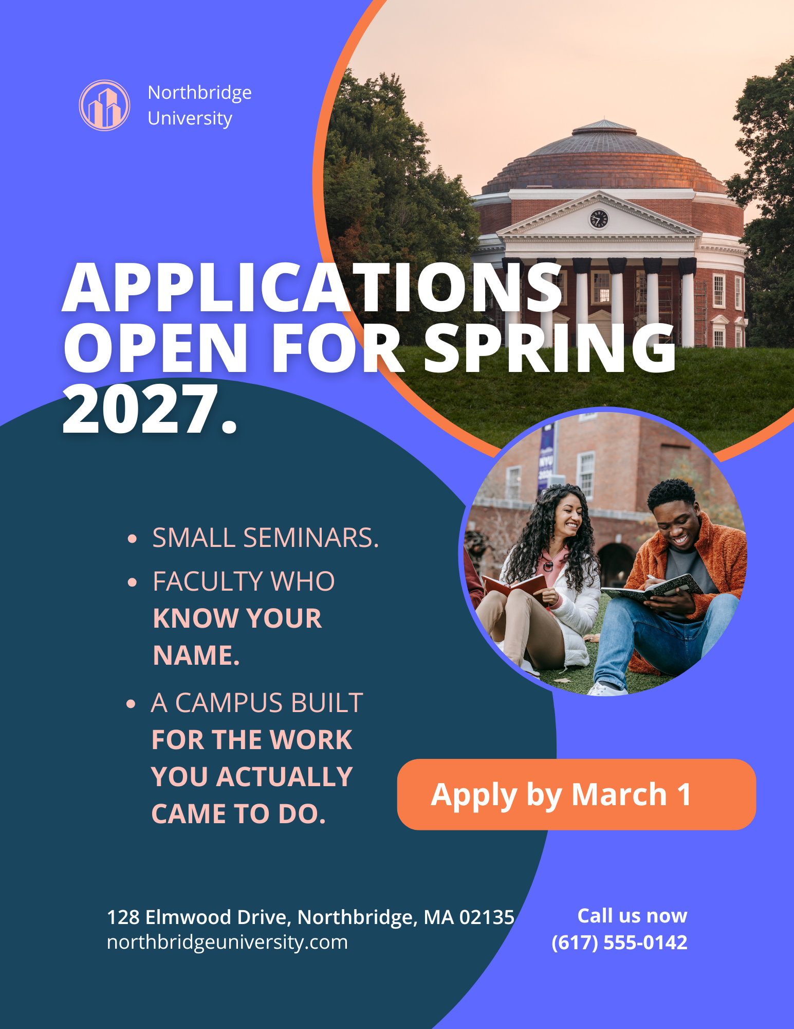 A promotional flyer for Northbridge University advertising open applications for Spring 2023. The flyer includes an image of a campus building, a photo of two students sitting outside, and contact information including an address, website, and phone number.