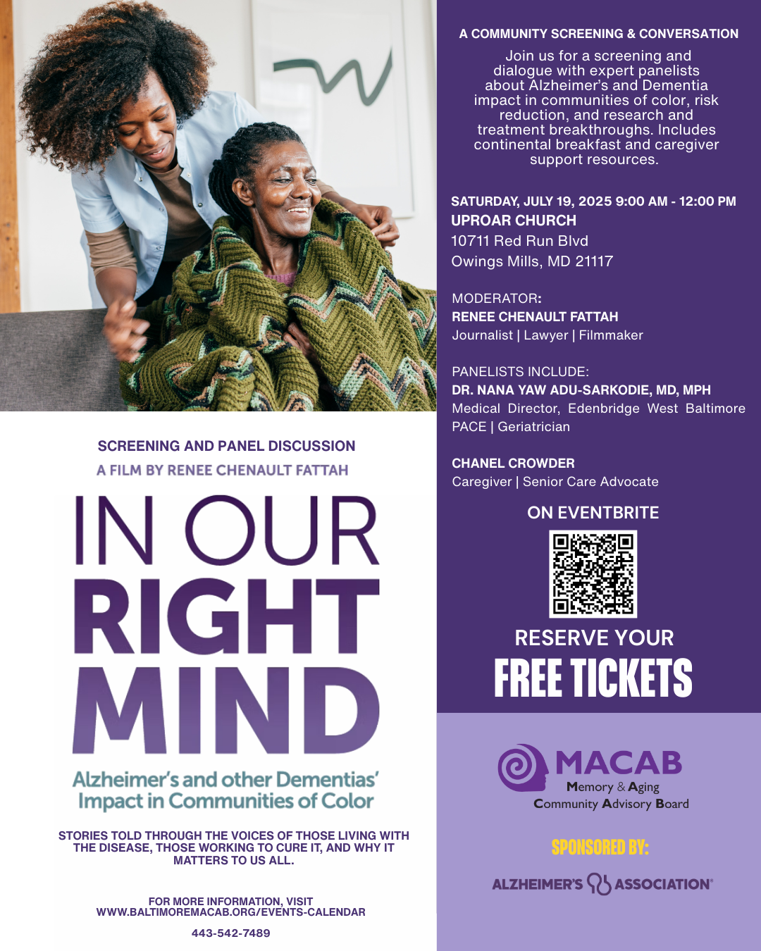 A flyer for a community screening and conversation event about Alzheimer’s and Dementia impact in communities of color, hosted by MACAB, with details about the date, location, moderator, panelists, and ticket reservation information. The flyer features a photo of a caregiver and an elderly woman in a warm embrace.