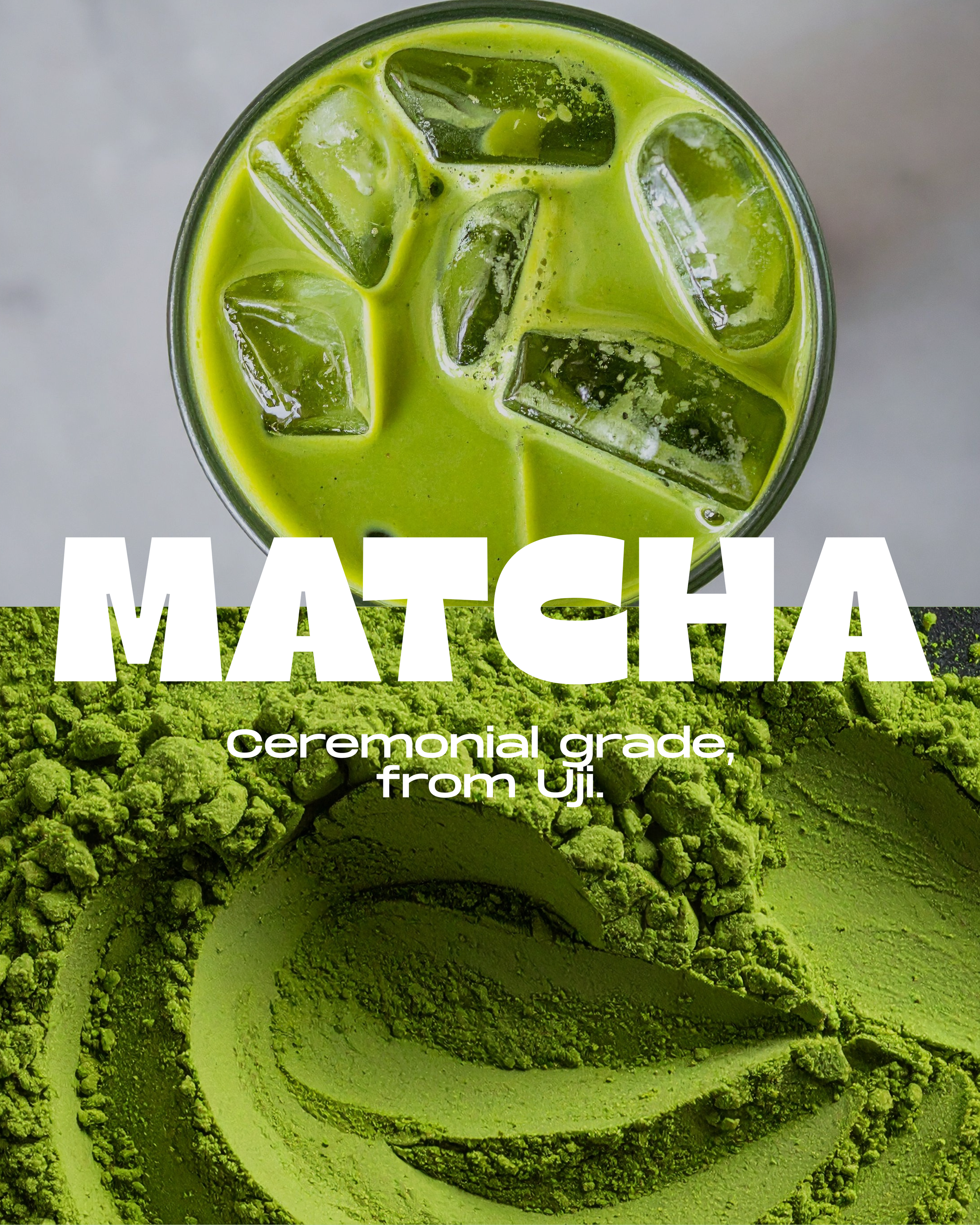 Close-up of a matcha green tea beverage with ice cubes in a glass, with a background of bright green matcha powder.