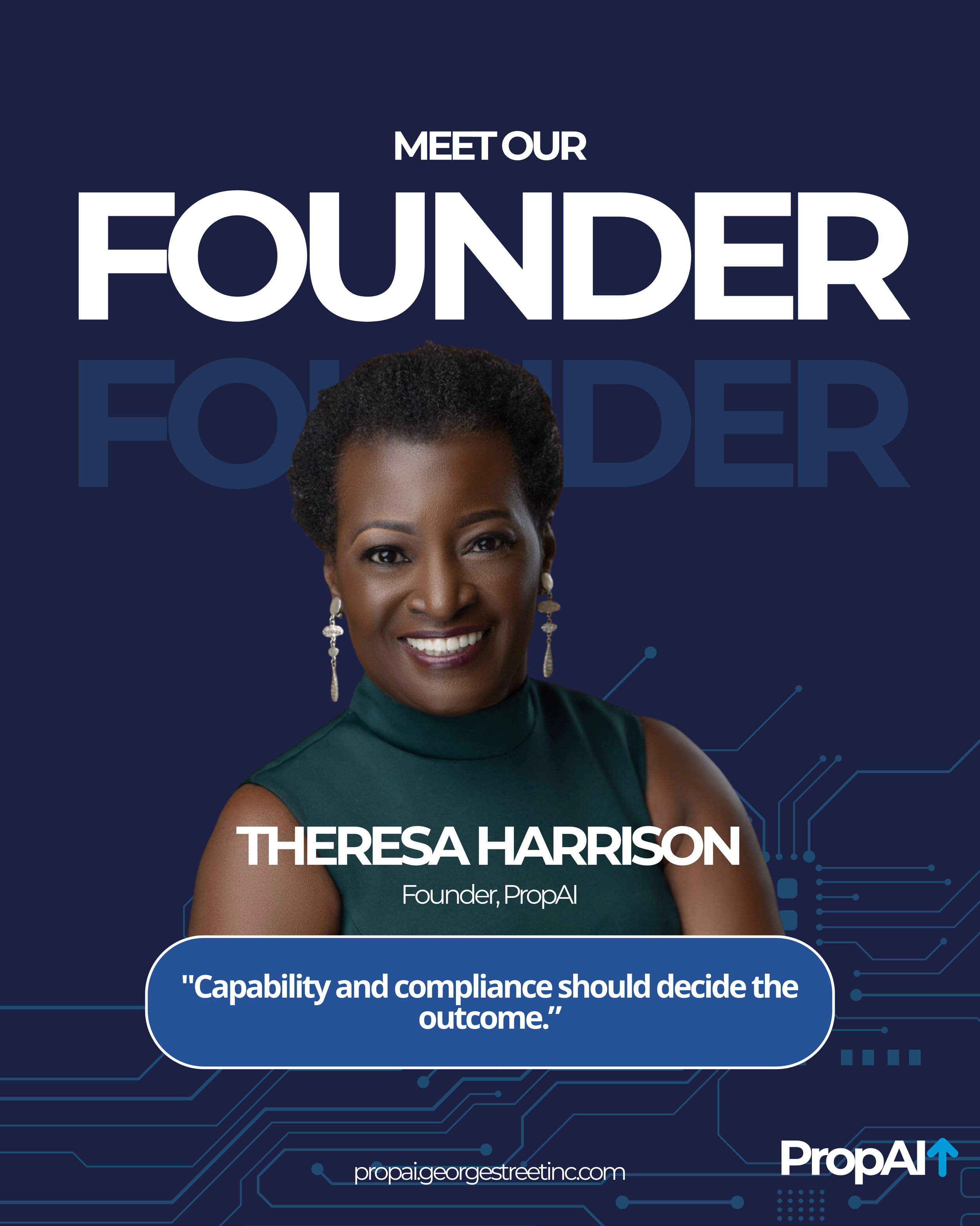 A professional headshot of Theresa Harrison, an African American woman with short curly hair, smiling, wearing earrings and a sleeveless dark green top, in front of a blue background with circuitry design and text introducing her as the founder of PropAI.