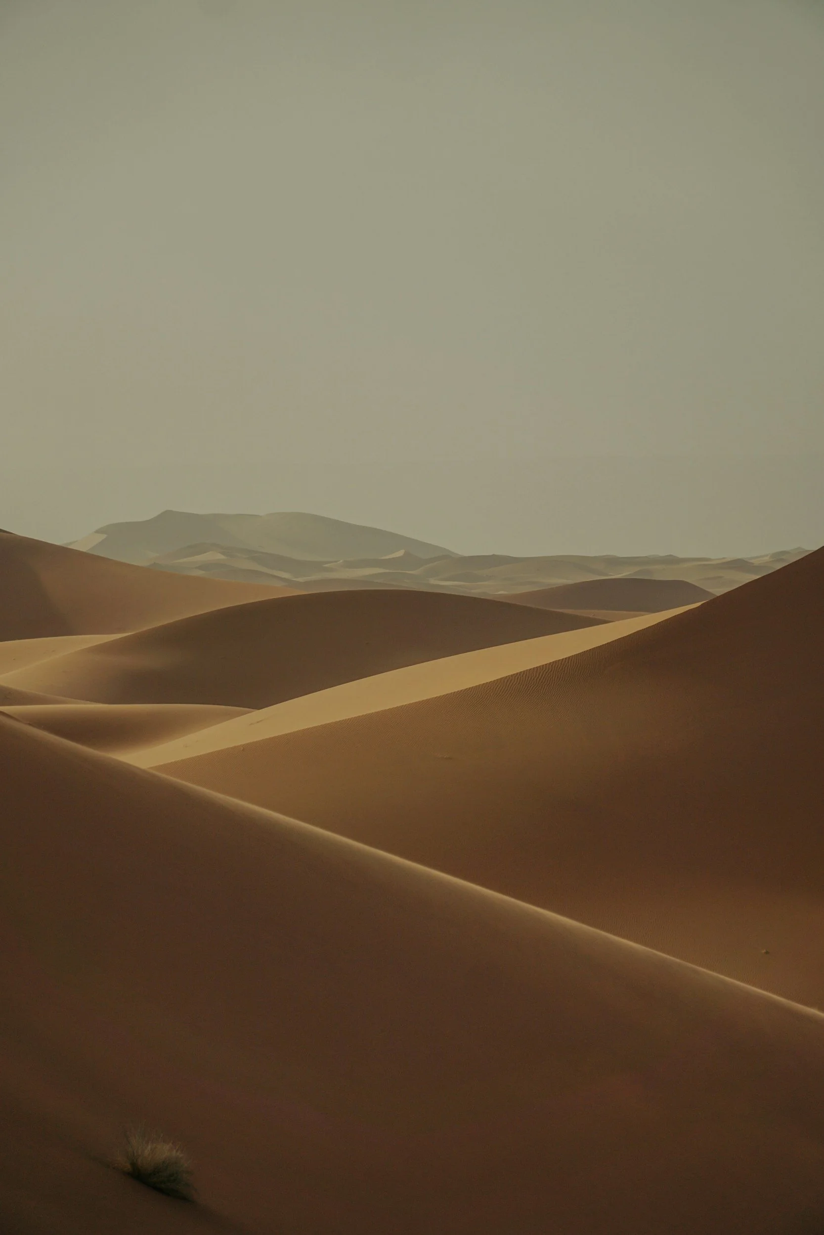 View of desert dunes with smooth, rolling sand dunes under a cloudy sky.