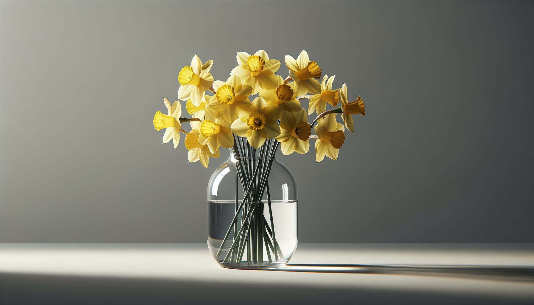 A glass vase filled with water holding a bouquet of yellow and white daffodils on a plain surface with a shaded background.