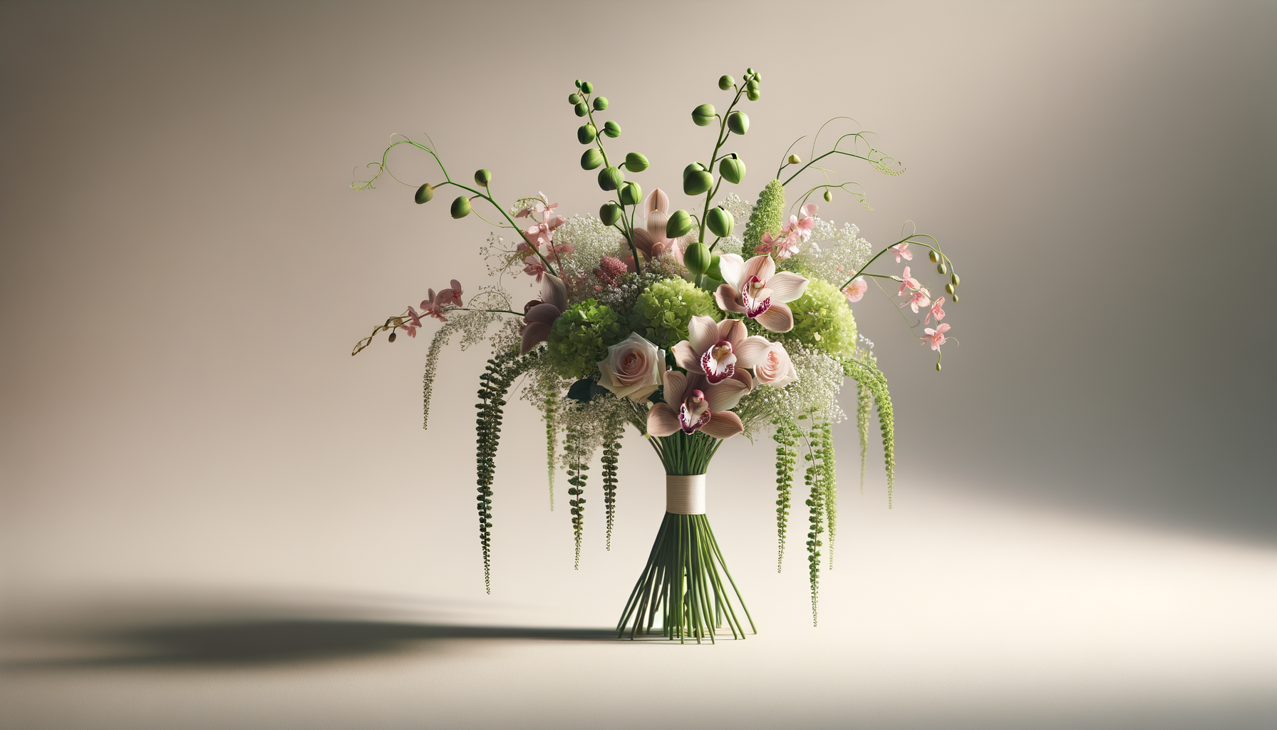 A tall floral bouquet with pink and green flowers in a white and green vase on a plain background.