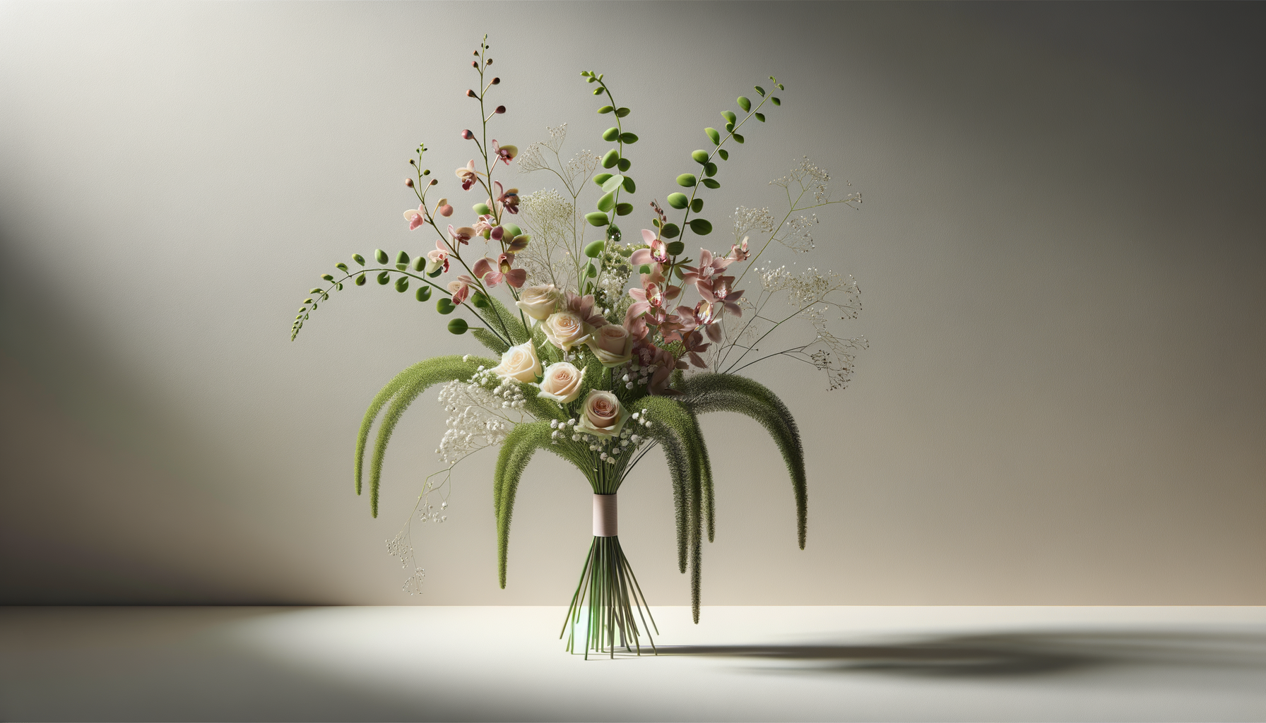 Elegant floral bouquet with white roses, pink and white orchids, greenery, and long trailing elements, arranged in a slim, white and pink vase on a plain surface with a neutral background.
