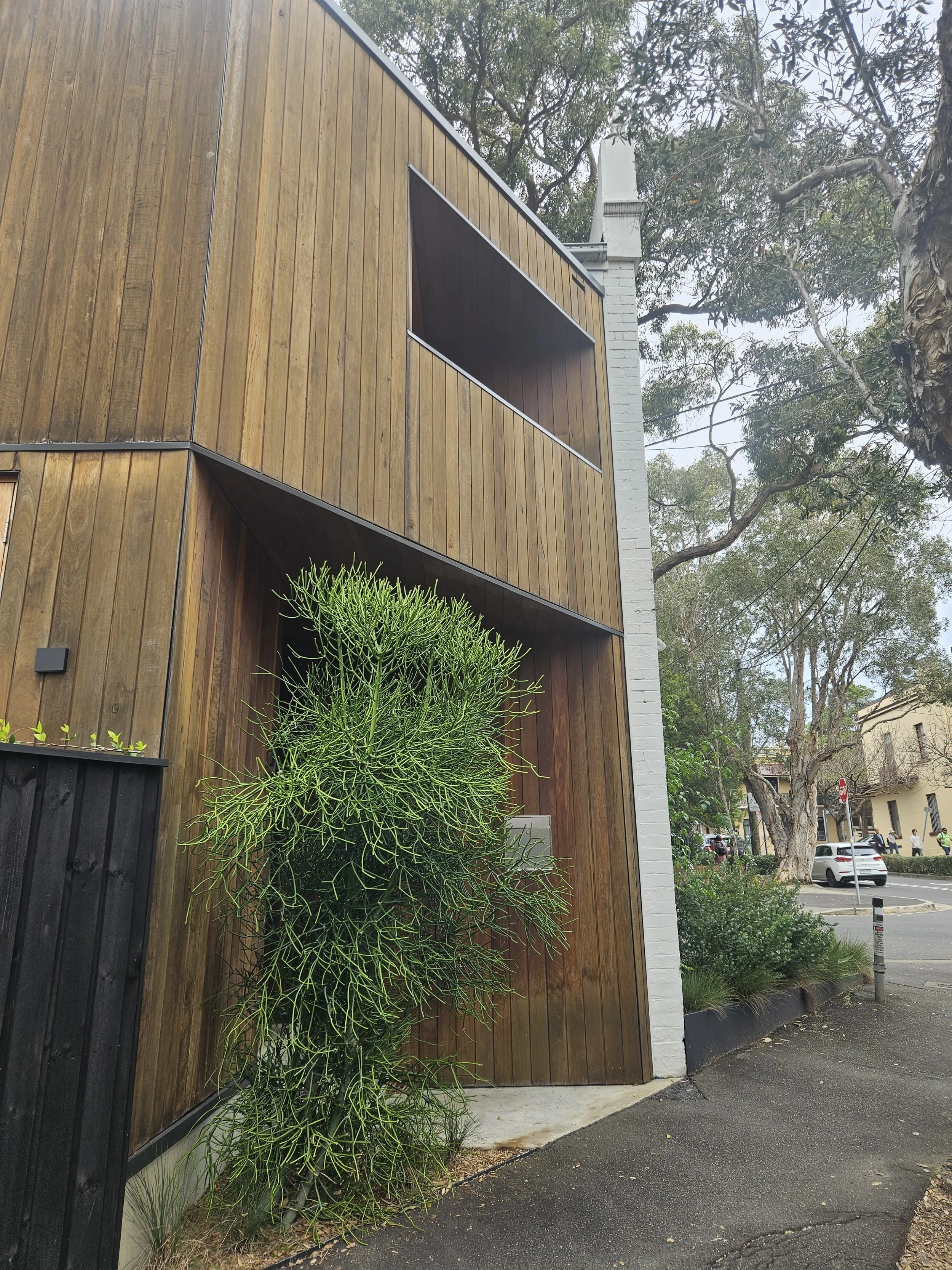 Modern two-story building with wooden exterior walls, a large open balcony on the second floor, and a green plant in front on a sidewalk.