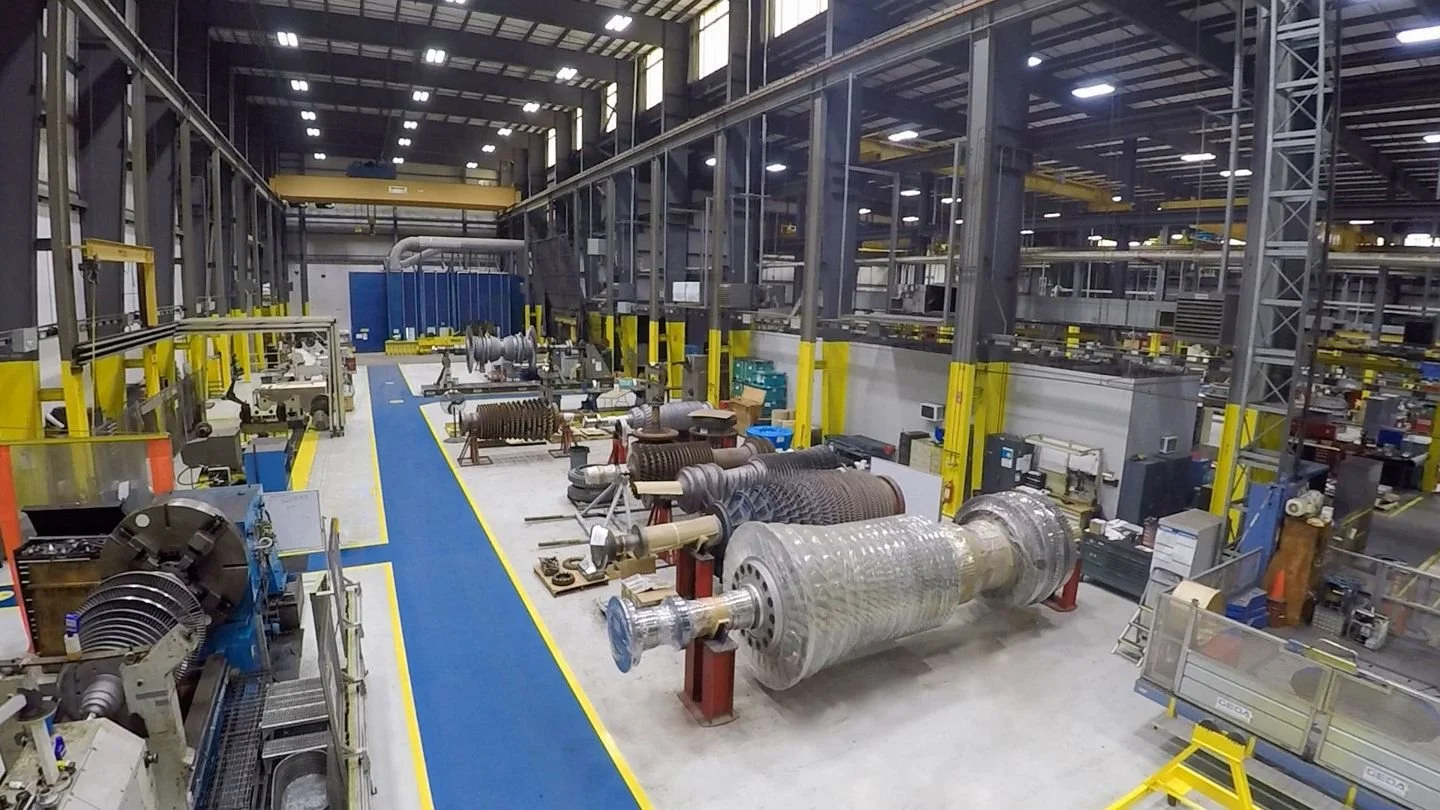 Industrial compressor components in an overhaul shop