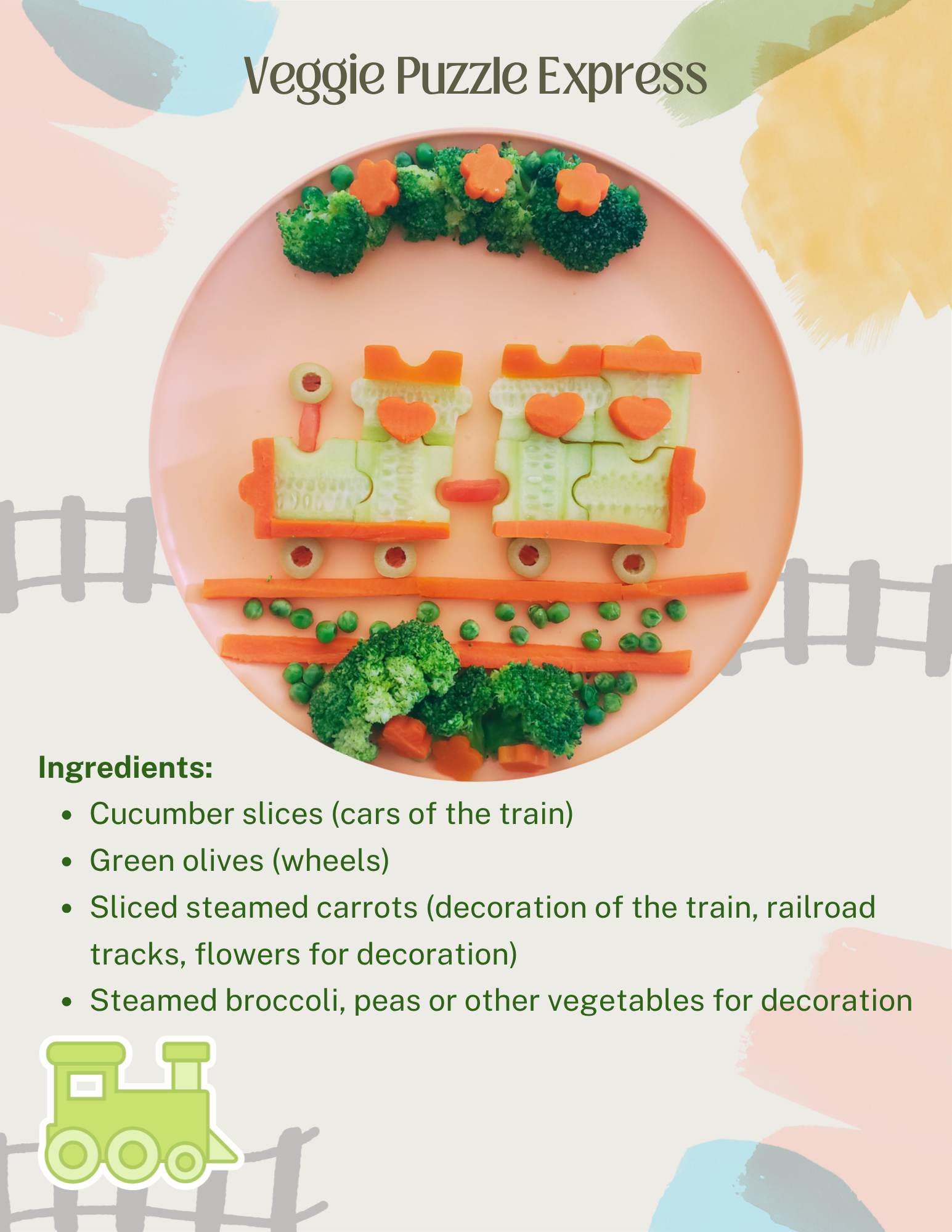 A sample card with a plate with vegetables arranged to resemble a train, with cucumber slices for the main body, sliced carrots for decoration, and broccoli for scenery, and decorative carrots for flowers and tracks.