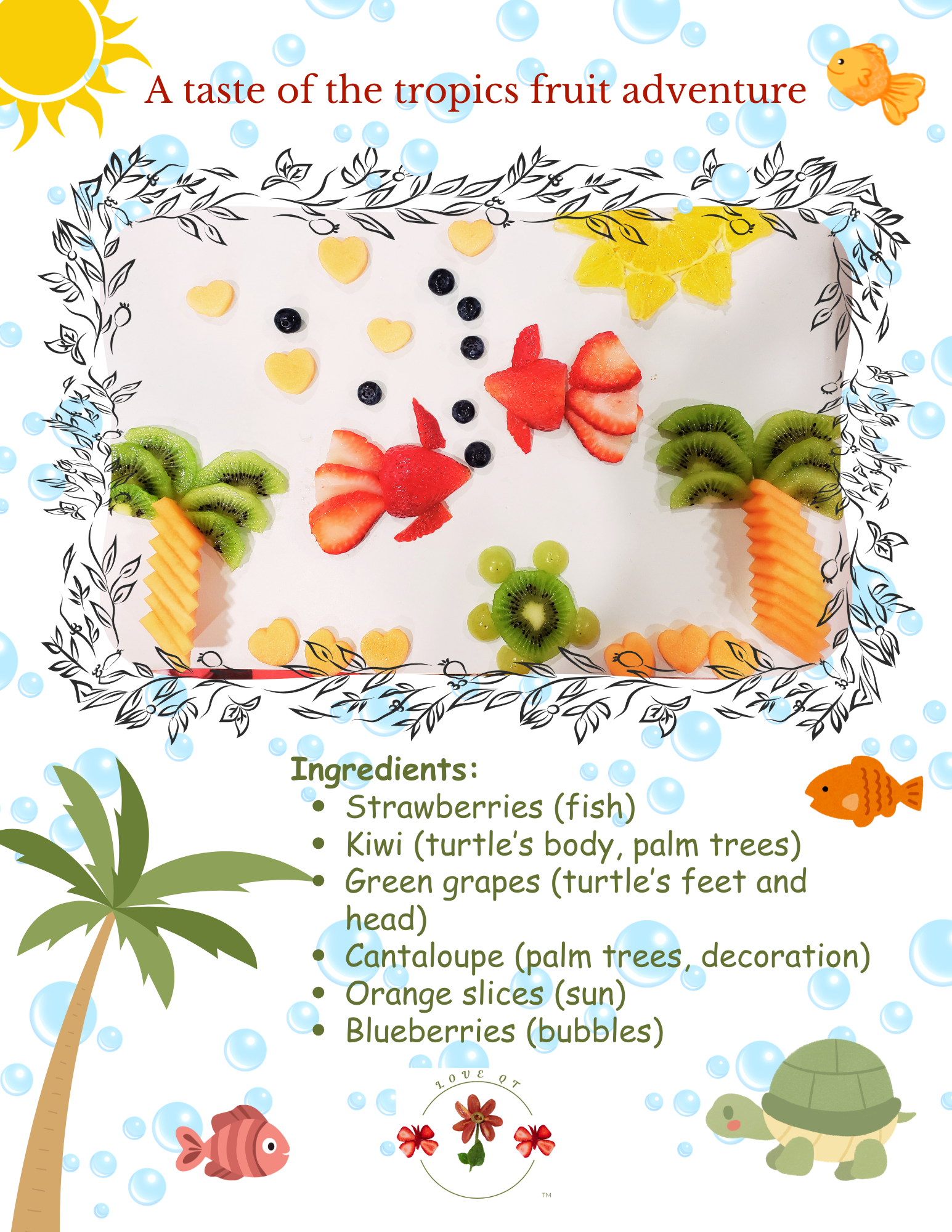 A sample Love QT card showing simple food art for kids, including illustrations of a palm tree, fish, and turtle, and surrounded by bubbles. Includes a picture of the plate and a list of ingredients.