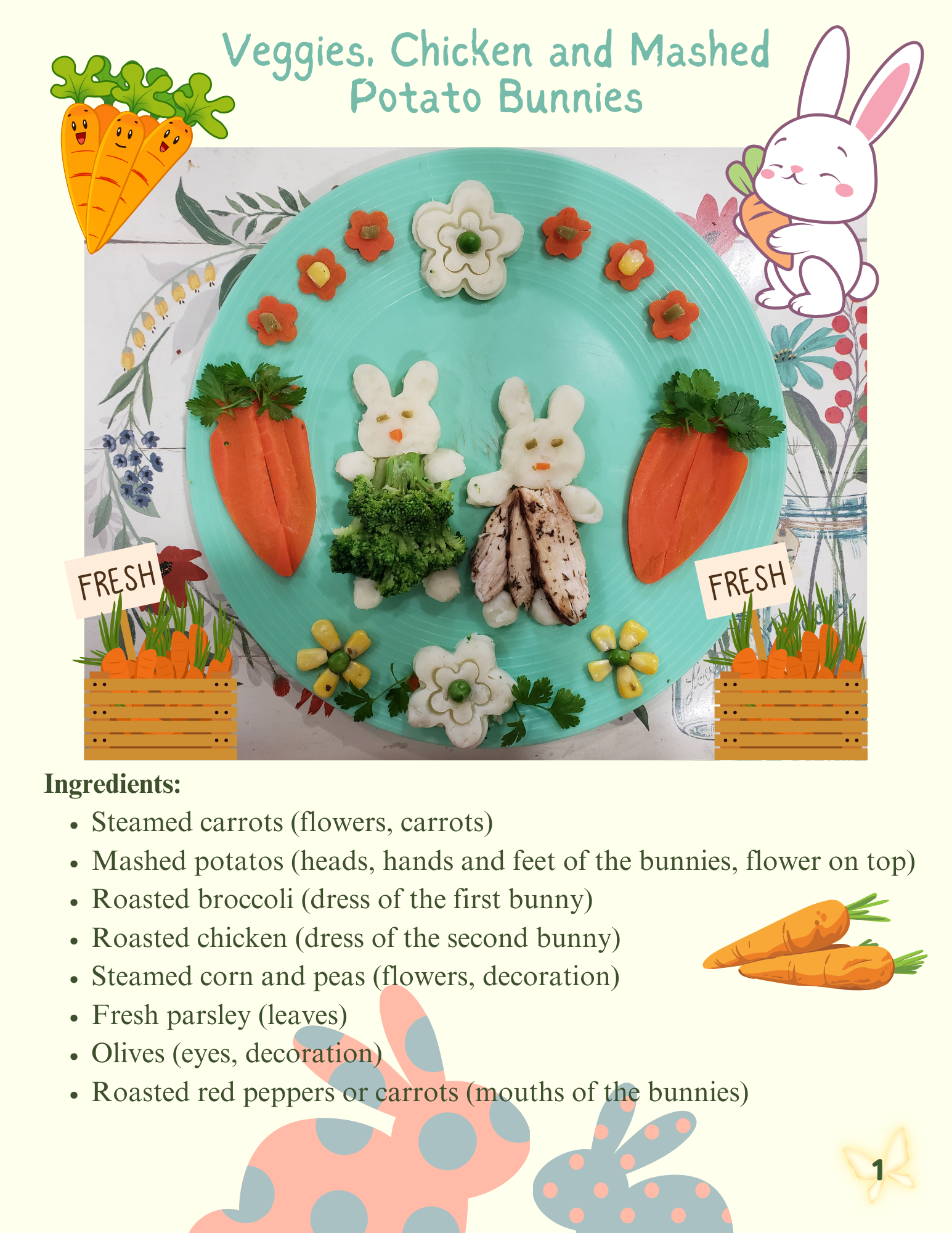 A sample Love QT card showing a plate with bunny-shaped food art made of mashed potatoes, roasted chicken, and vegetables, surrounded by vegetables and flower-shaped decorations.