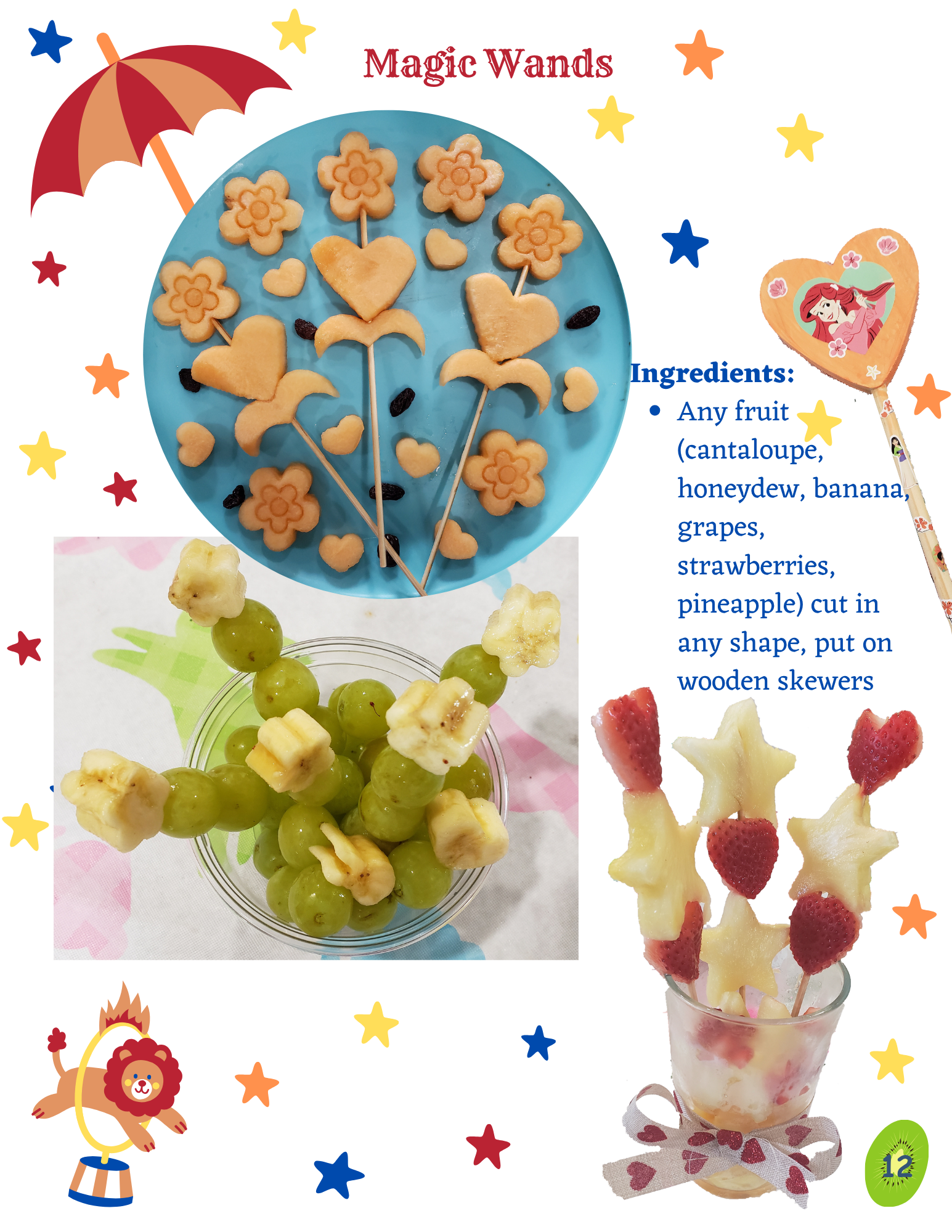 A sample card showing fruit arrangements made into magic wands made of fruit such as cantaloupe, grapes, strawberries, and pineapple for children.