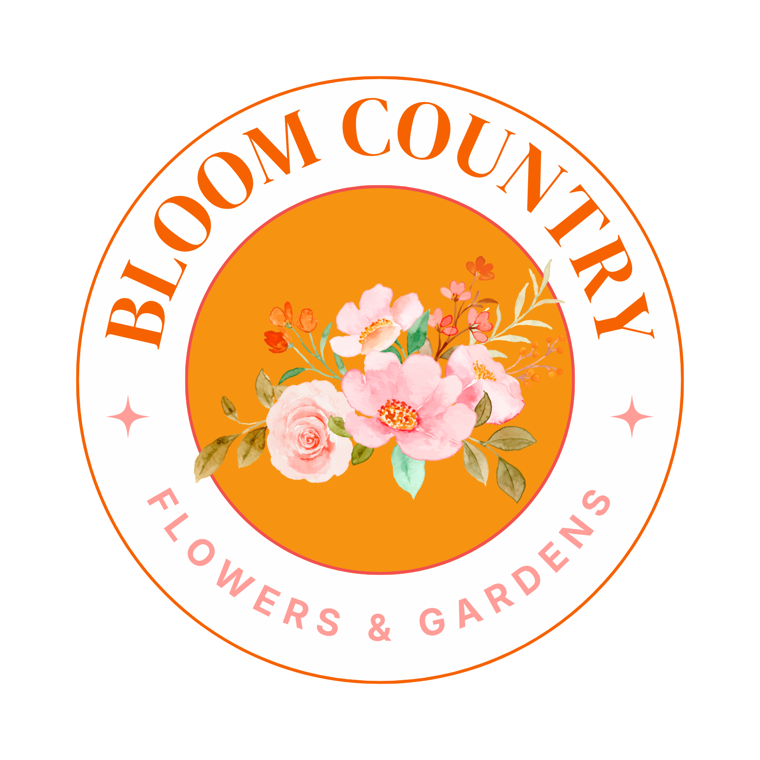 A logo for Blooms County, featuring a circle with a floral design in the center and text around it that reads "Flowers & Gardens."