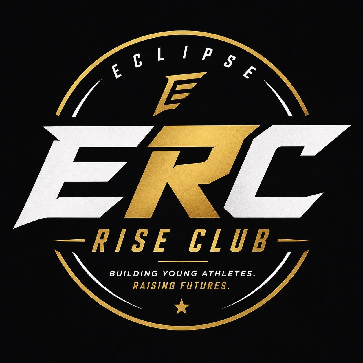 Logo of E.R.C. Rise Club with the tagline 'Building young athletes, raising futures' on a black background, featuring gold and white text and design elements.