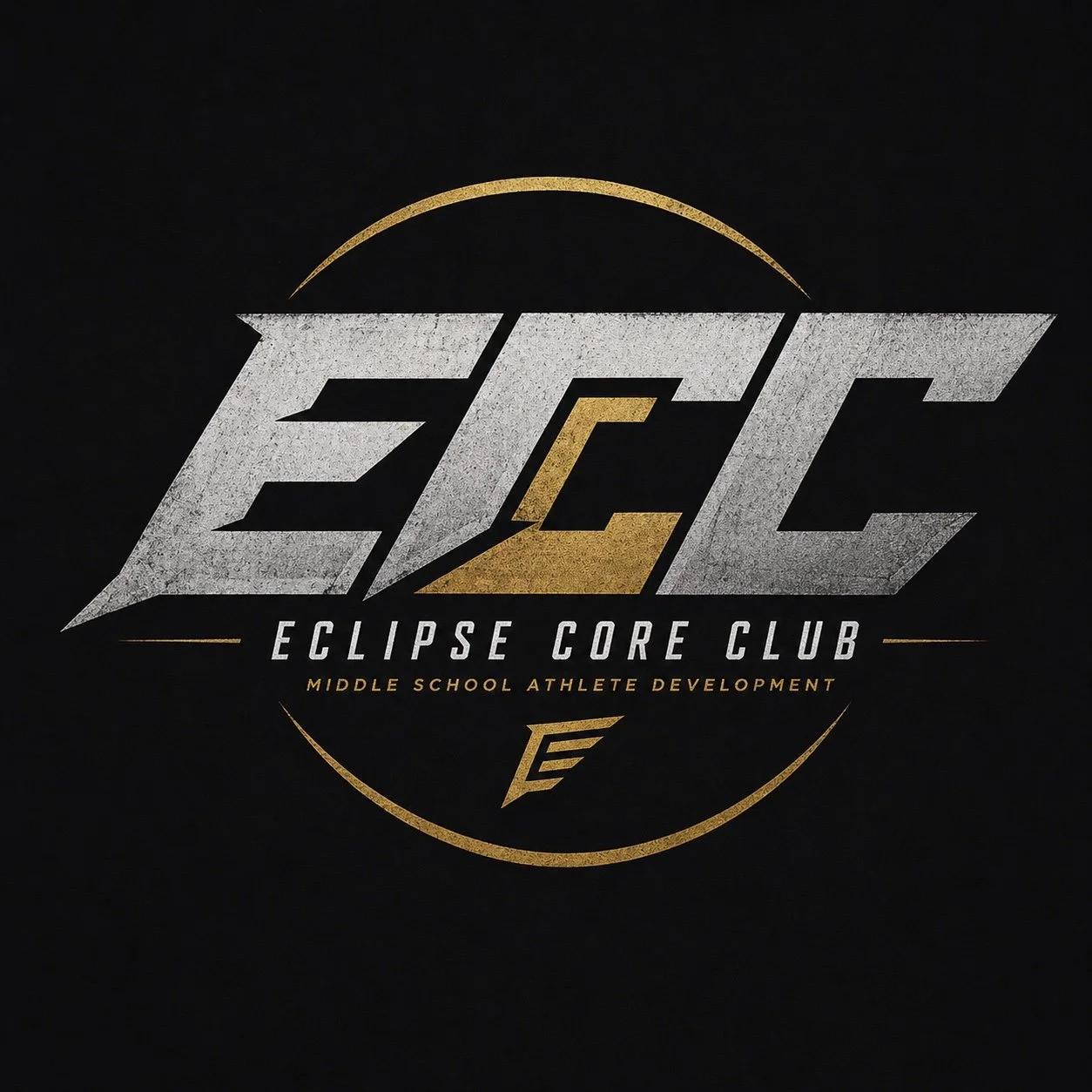 Black background with gold and silver logo for 'Eclipse Core Club,' a middle school athlete development program, featuring the words 'EFC' and a stylized emblem.
