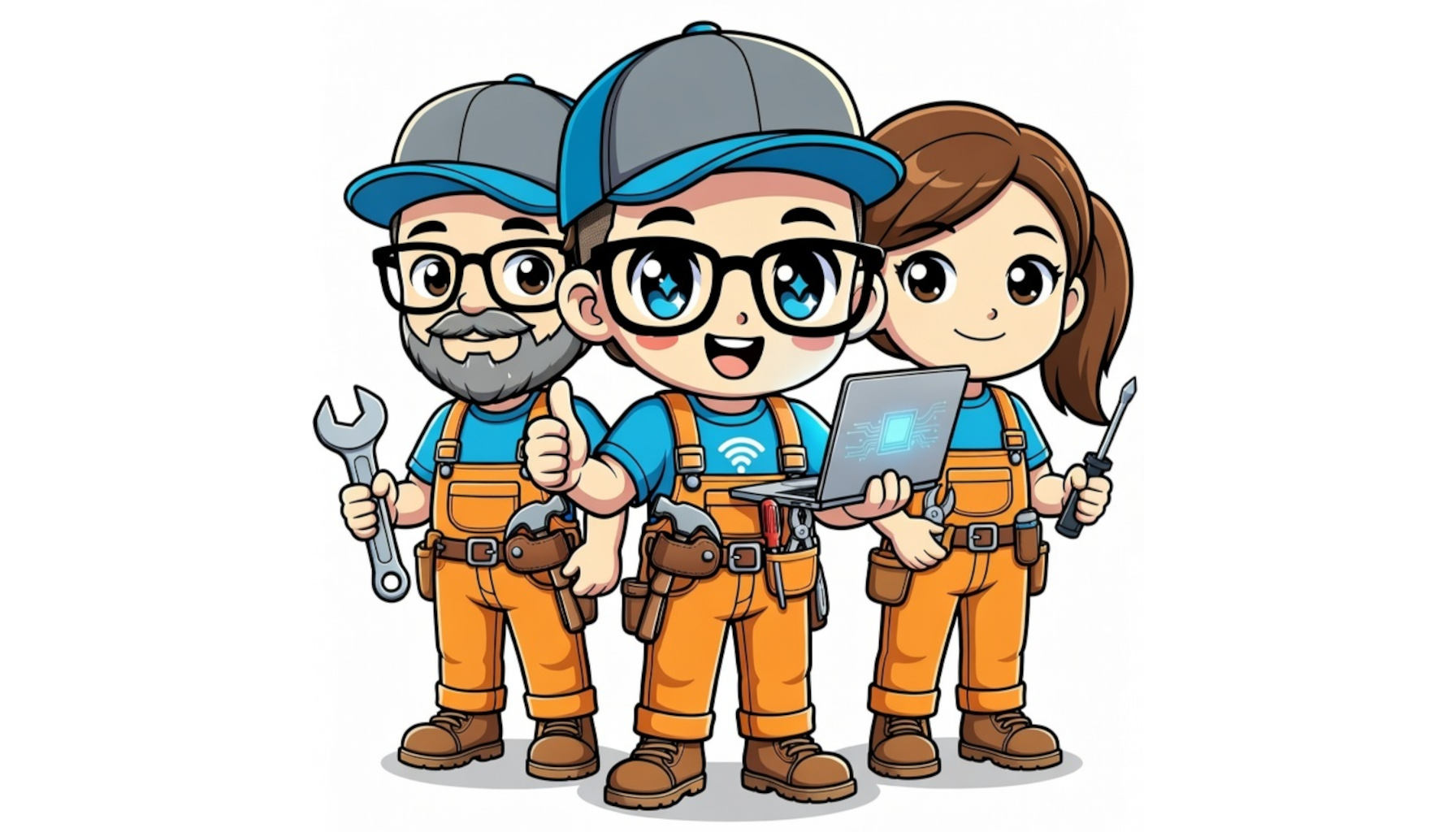 Cartoon of four kids dressed as construction workers with tools and a laptop, smiling and giving thumbs up.