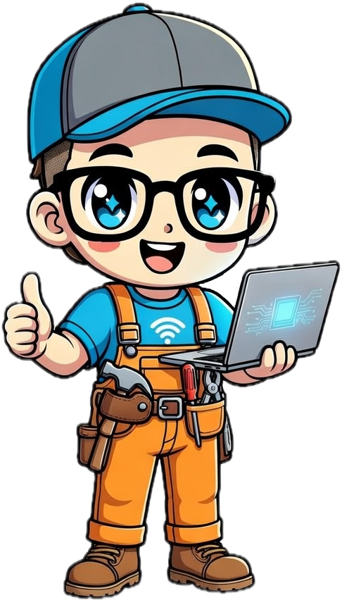 Cartoon boy with glasses, a blue cap, orange overalls, brown boots, holding a laptop and giving a thumbs up.