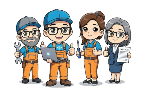 Four cartoon workers dressed in orange overalls, holding tools or a laptop, with a woman in business attire holding an invoice, all smiling.