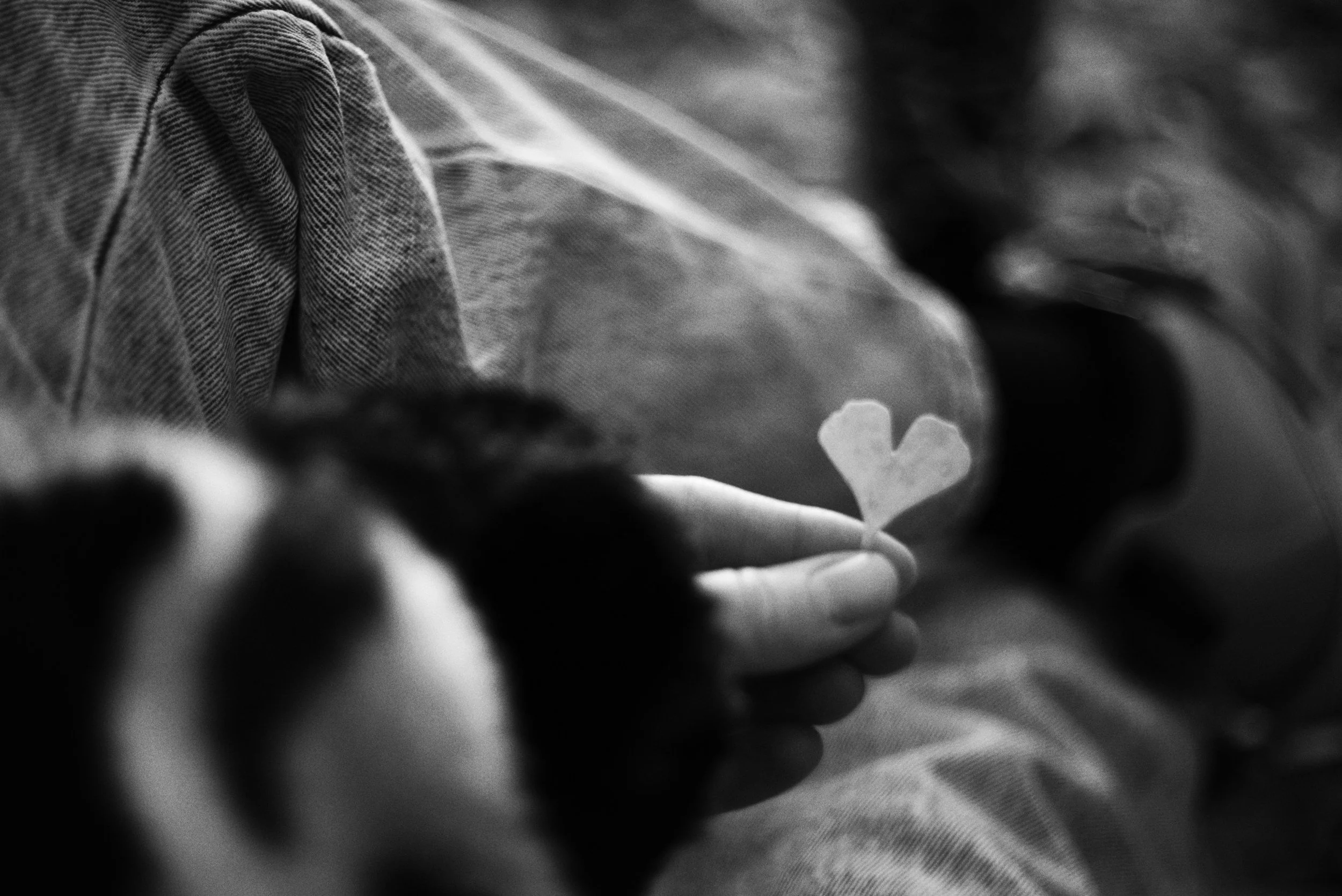 Close-up black and white photo of two hands gently holding a small, heart-shaped object.