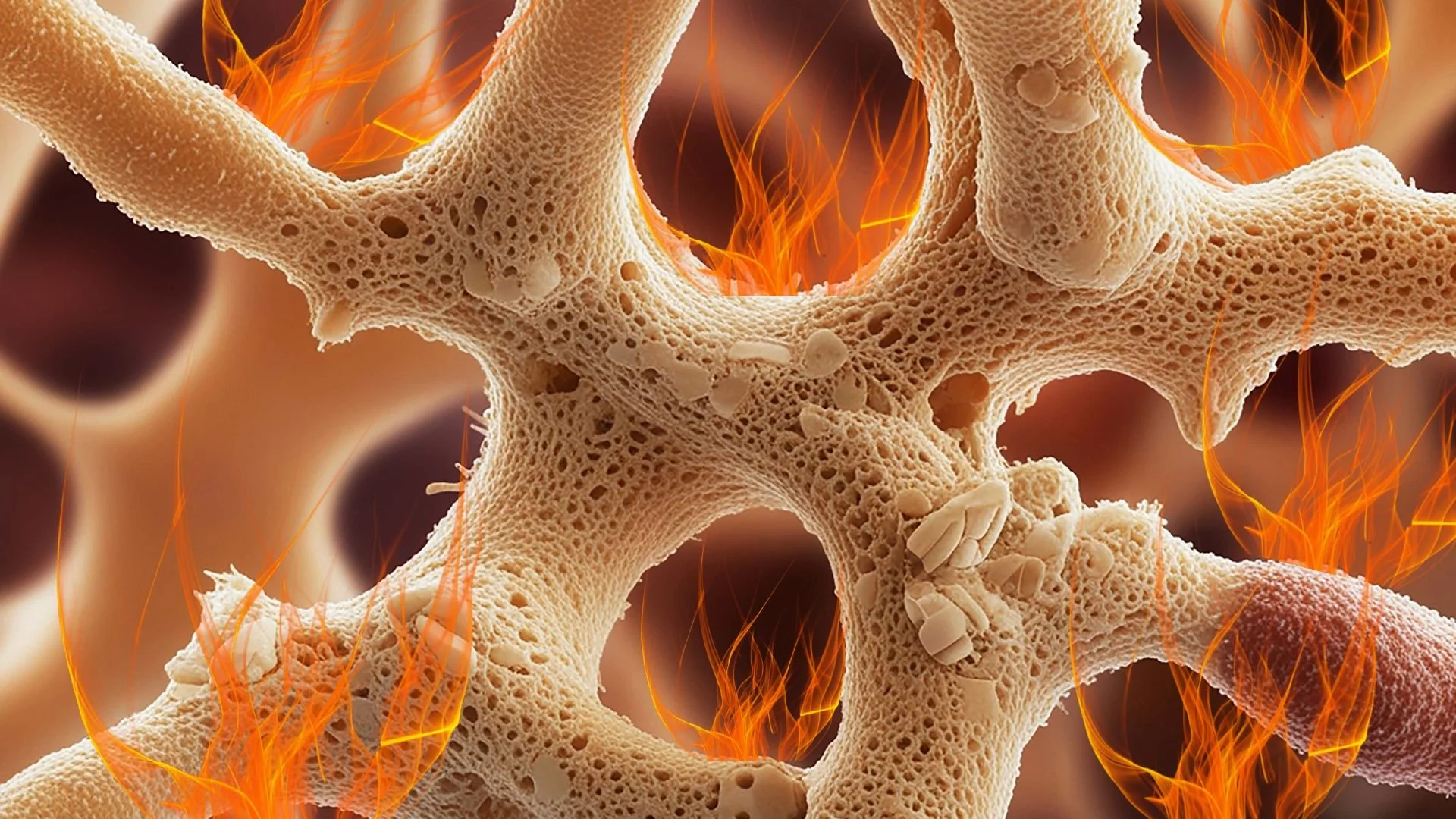 Close-up of bioengineered sponge-like bone tissue with fire effects in the background.