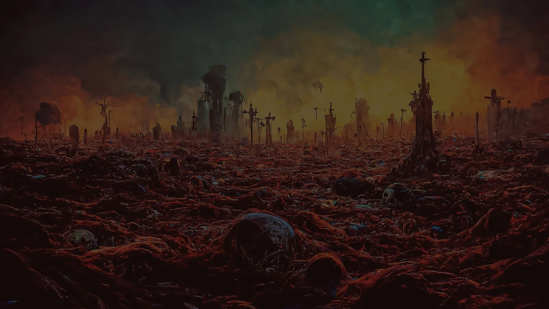A dystopian scene of a wasteland filled with bones and skulls, with silhouetted crosses and figures in the background against a fiery sky.