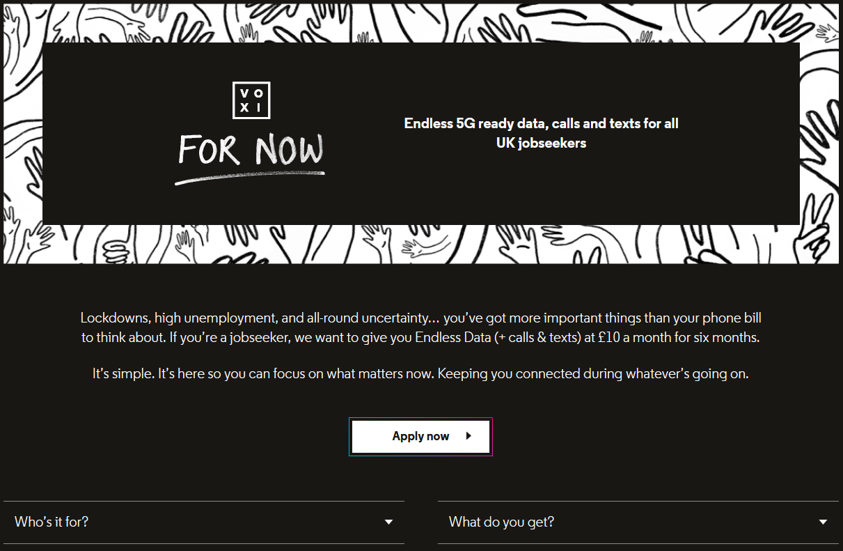 VOXI For Now landing page
