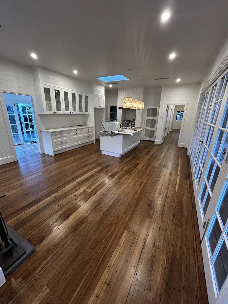 Restored hardwood floors in open-plan kitchen, timber floor sanding Shoalhaven