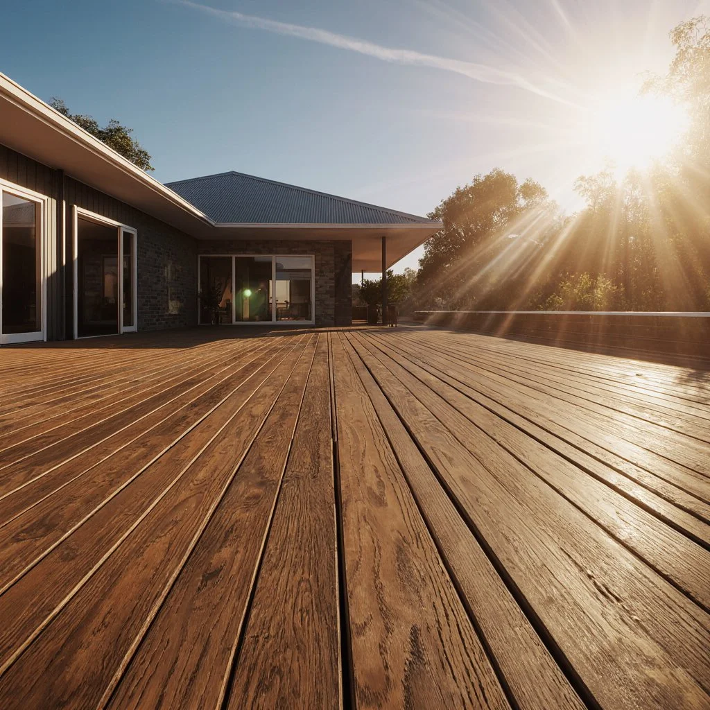 Restored timber deck with sunlit finish, deck sanding and recoating Shoalhaven NSW