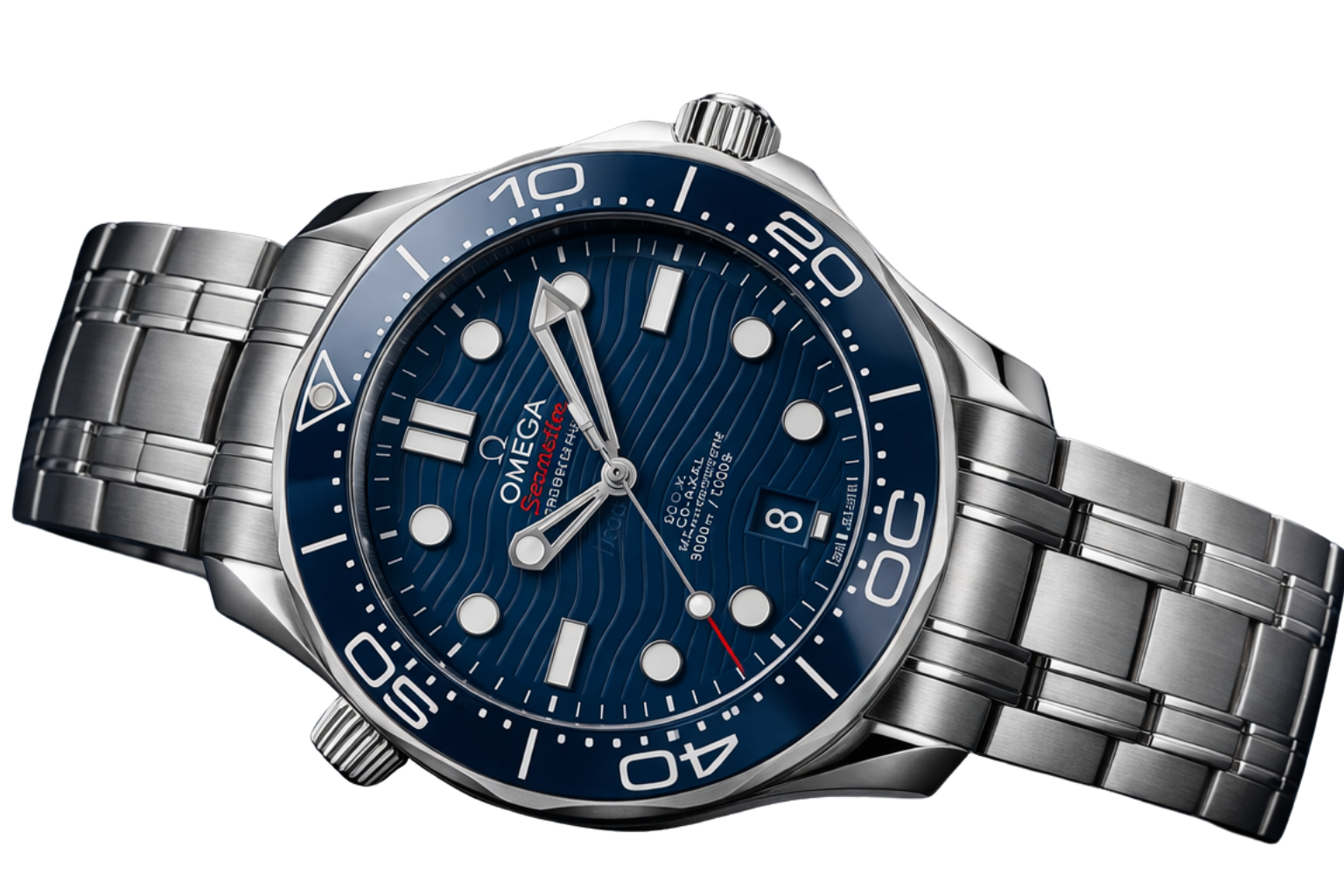 Close-up of a silver Omega Seamaster professional dive watch with a blue dial, white markers, and a stainless steel bracelet.