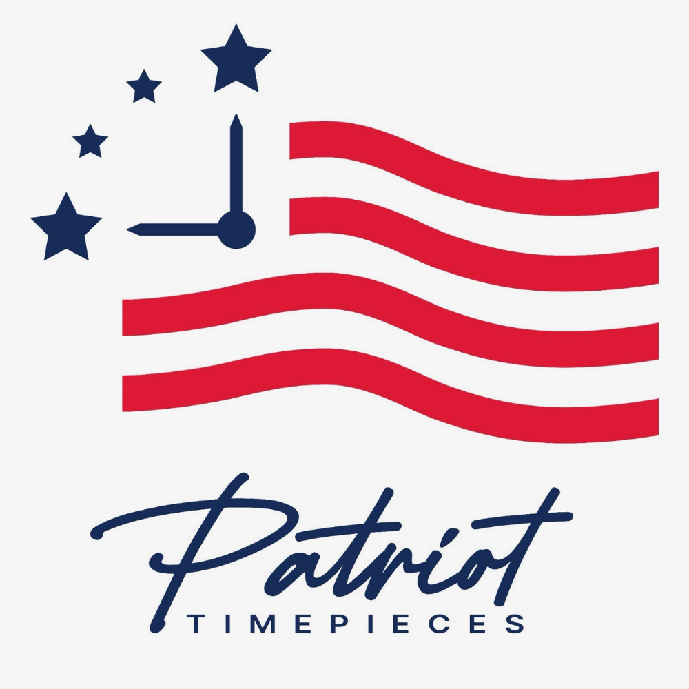 Patriot Timepieces logo with a clock and the American flag in red, white, and blue colors.