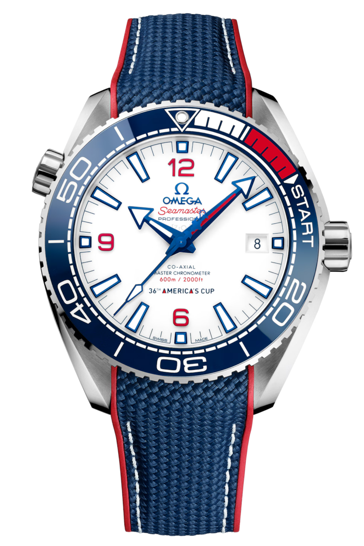 Close-up of an Omega Seamaster Professional wristwatch with a white dial, blue and red bezel, and a blue textured strap with red edges.