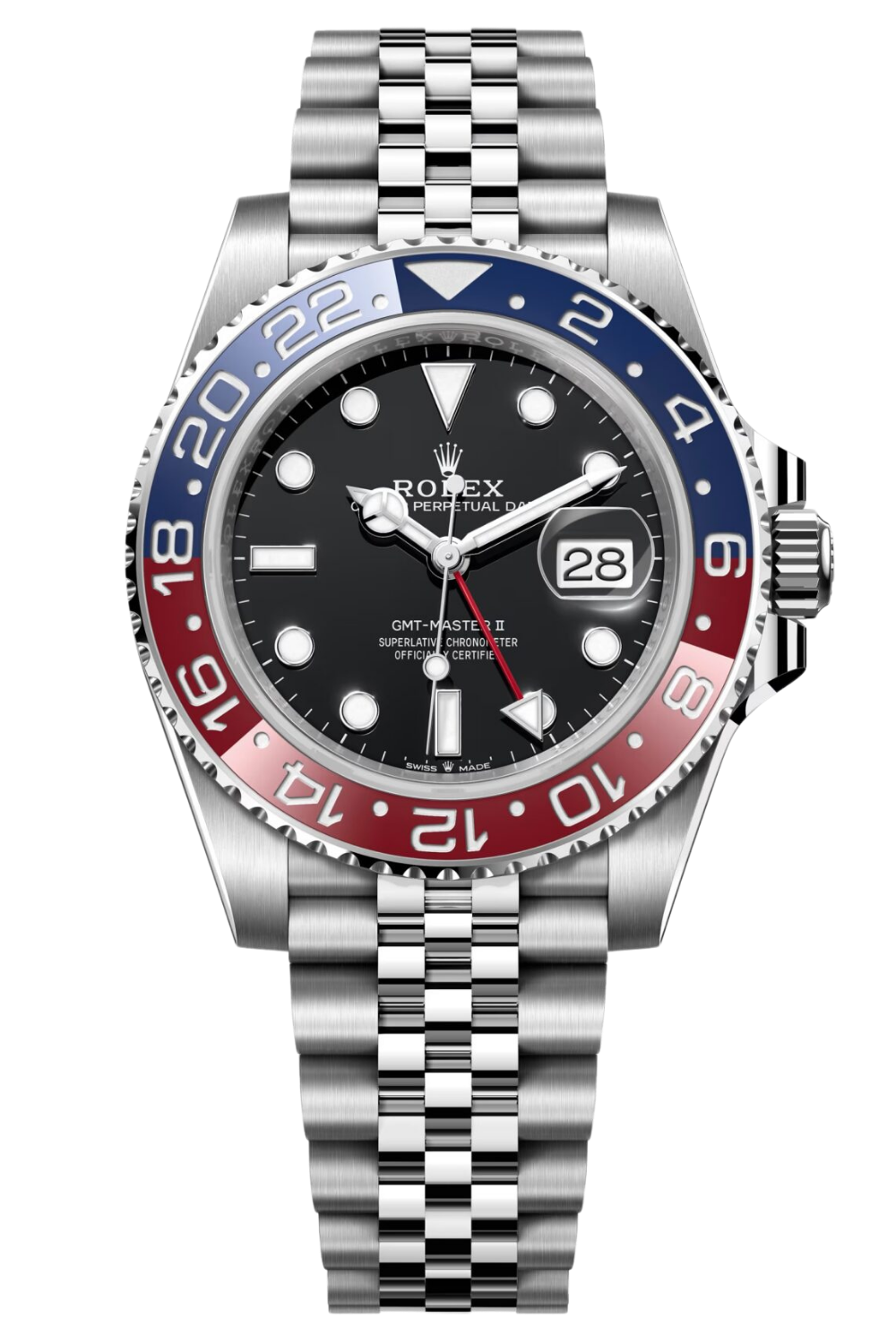 A Rolex GMT-Master II wristwatch with a black dial, red and blue bezel, date display, and a jubilee bracelet.
