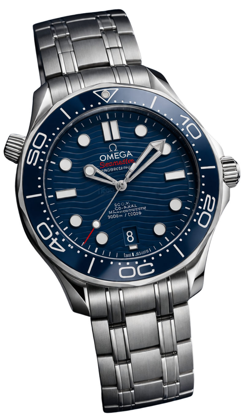 A stainless steel Omega Seamaster professional dive watch with a blue dial, rotating bezel, and date display, showcasing a detailed and high-end design.