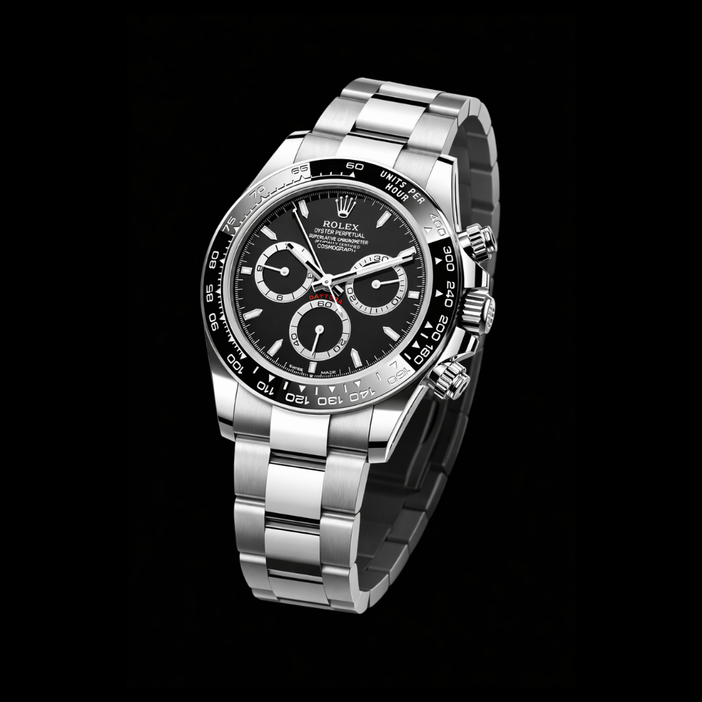 A silver Rolex wristwatch with a black dial, multiple subdials, and a tachymeter bezel, set against a black background.