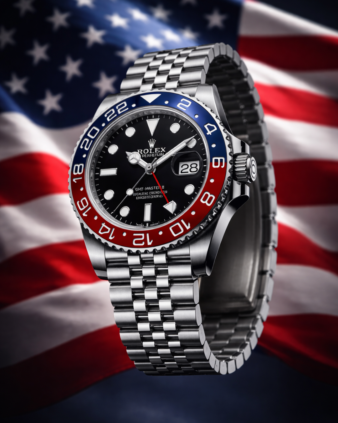 A Rolex GMT-Master II watch with a black dial, red and blue bezel, and a stainless steel bracelet, set against an American flag background.