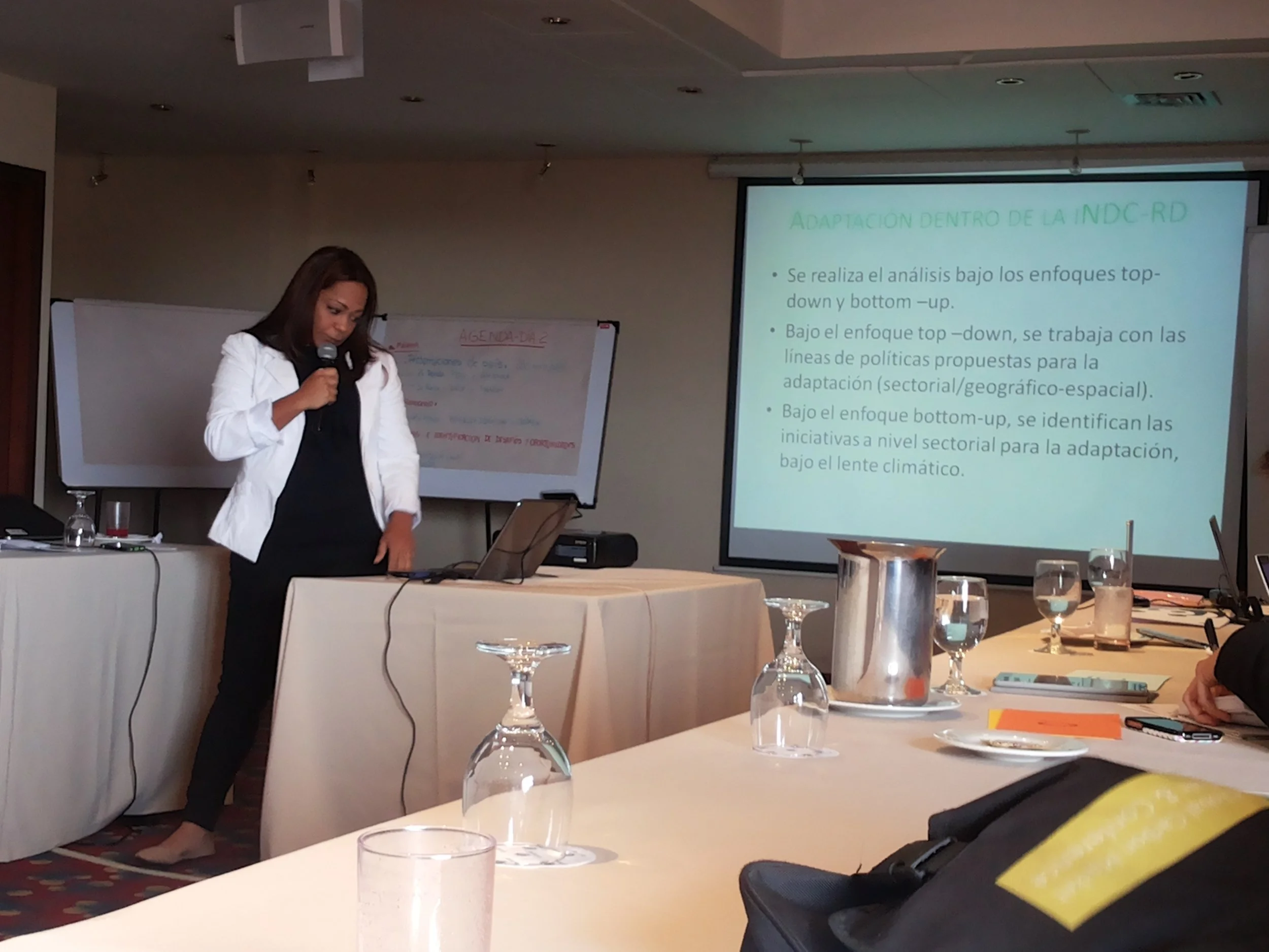 Mujer presentando en una sala de conferencias, con proyector y pizarra, material de trabajo y vasos sobre la mesa.