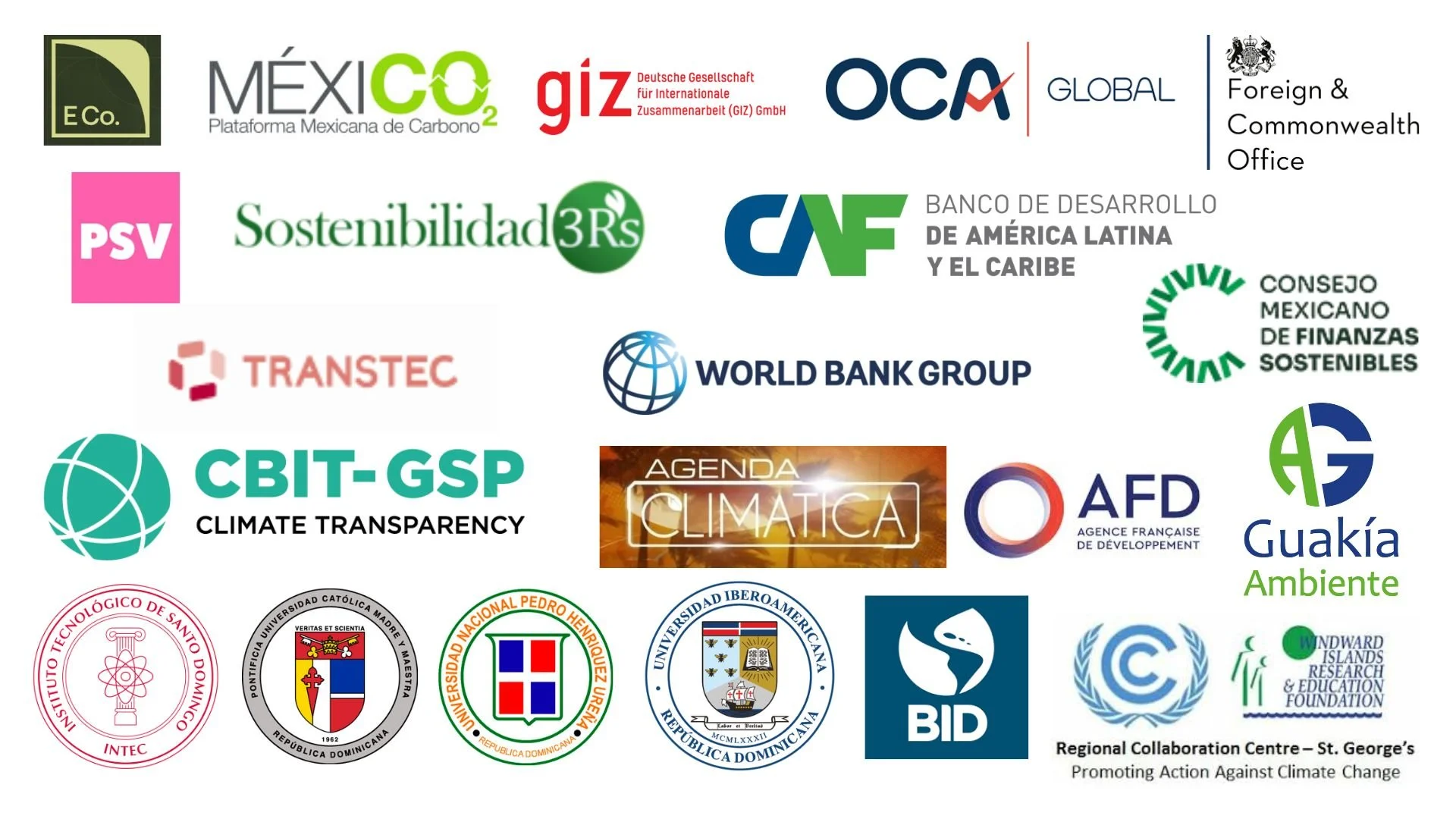 Colección de logotipos de varias organizaciones relacionadas con sostenibilidad, medio ambiente, finanzas, desarrollo, educación y cambio climático en América Latina y el mundo.