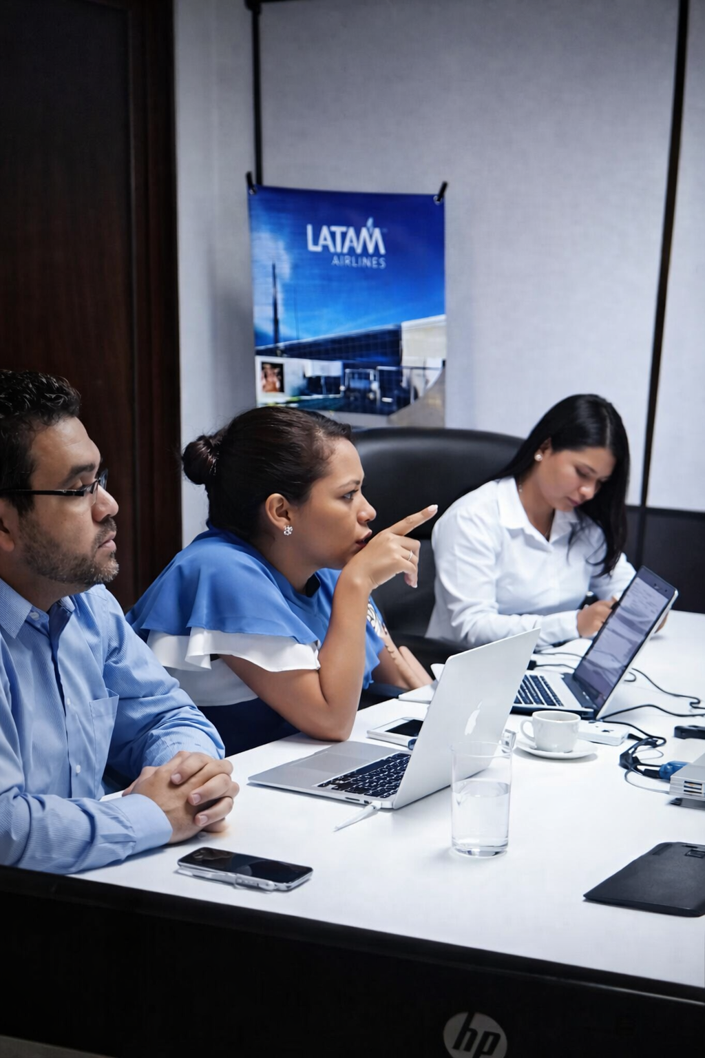 Tres personas en una reunión, una de ellas señalando y explicando, en una sala de conferencias con laptops y una bandera de LATAM.