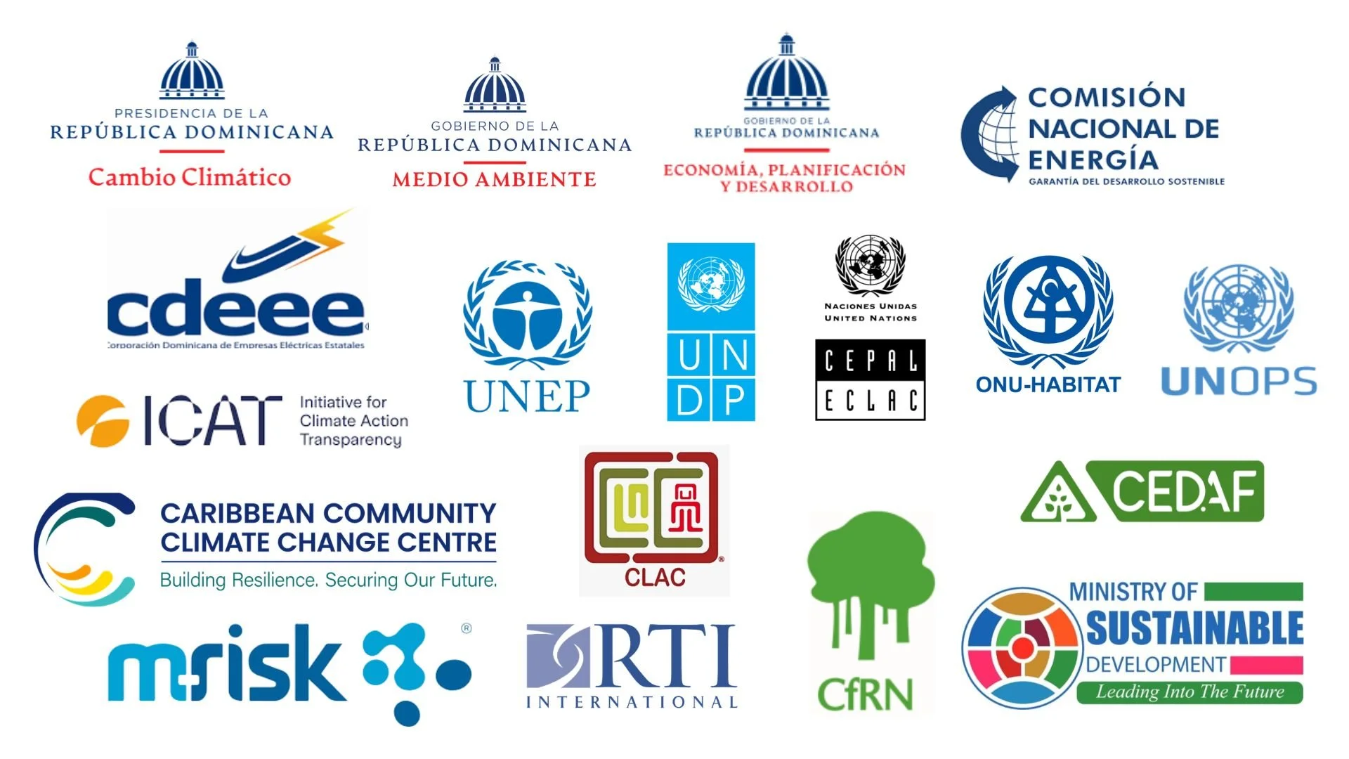 Logos de diversas organizaciones internacionales y gubernamentales en la República Dominicana relacionadas con temas de energía, medio ambiente y desarrollo sostenible.