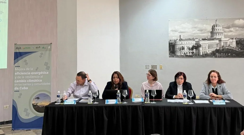 Cinco personas sentadas en una mesa durante una conferencia, con botellas de agua y copas vacías frente a ellas, en un salón con pintura de un edificio histórico en una pared y un cartel que menciona eficiencia energética y cambio climático en Cuba.