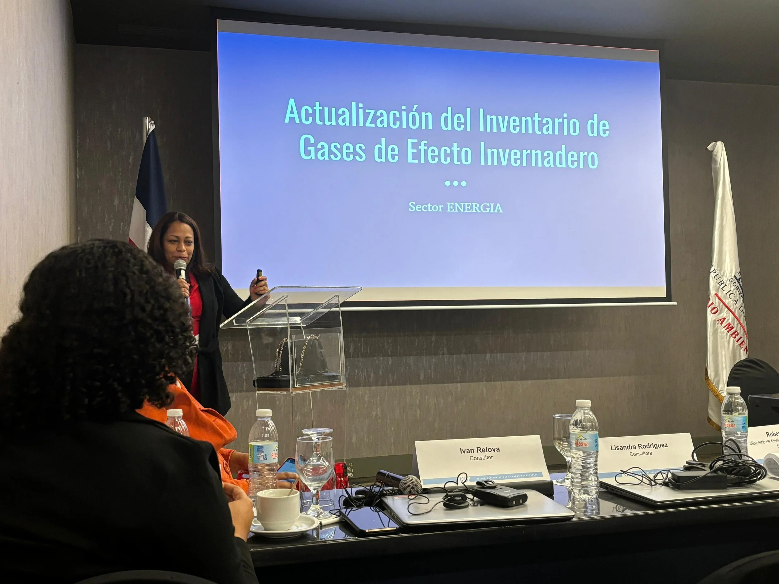 Presentación en una conferencia sobre actualización del inventario de gases de efecto invernadero en el sector energía, con una mujer hablando en micrófono junto a una pantalla y un cartel con nombres en la mesa.