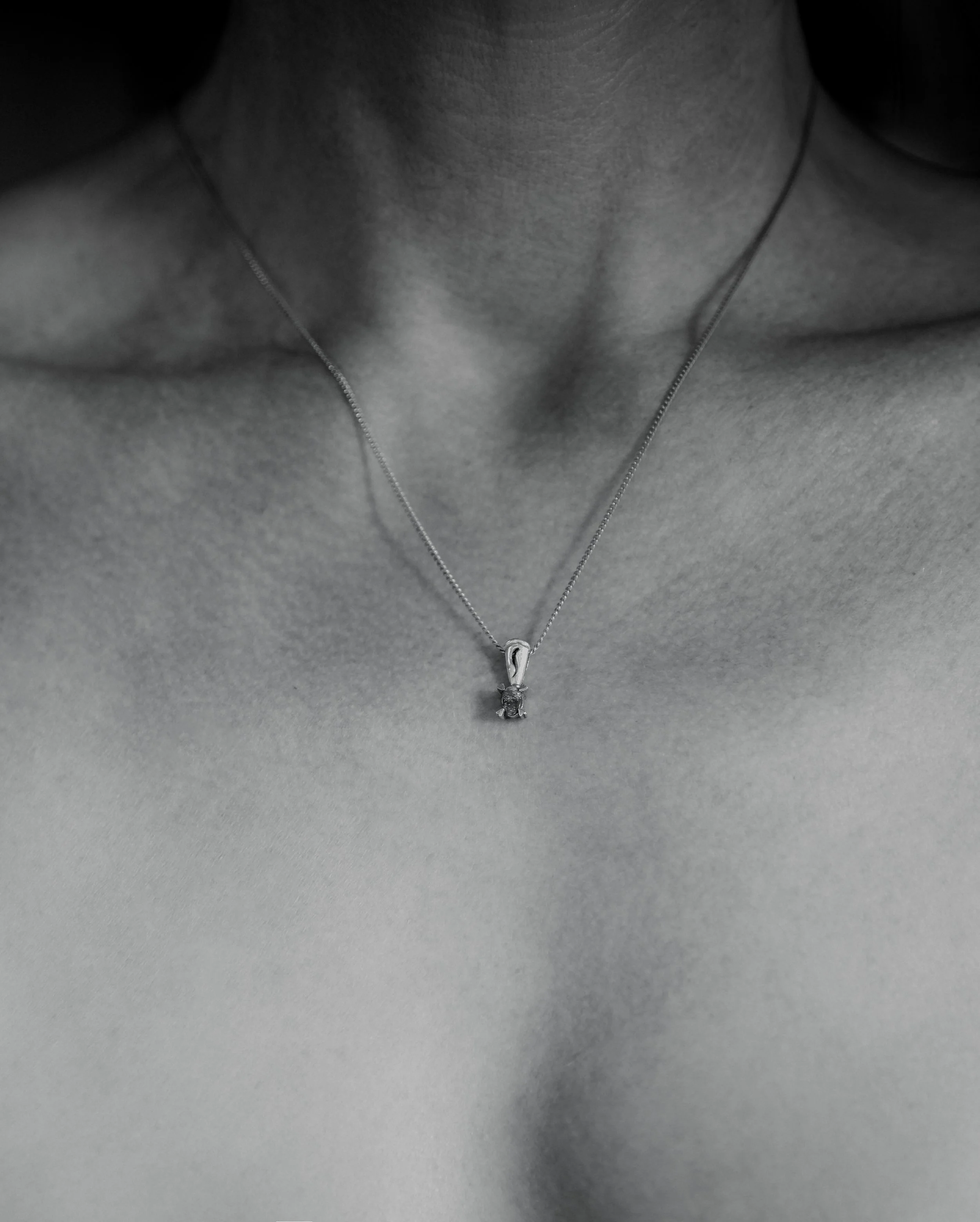 Close-up of a necklace with a pendant resting on a person's collarbone.